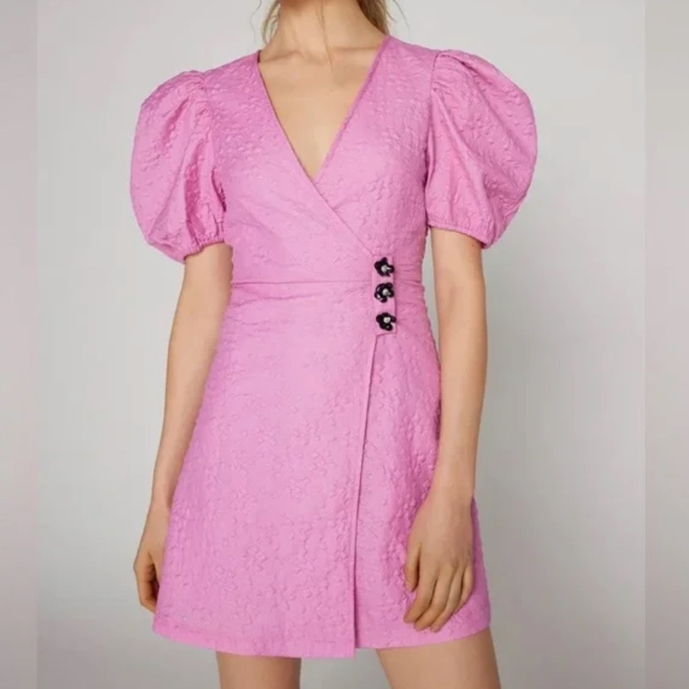 Sister Jane Pink Jacquard Puff Sleeve Romantic Mini Dress with Floral Buttons XS